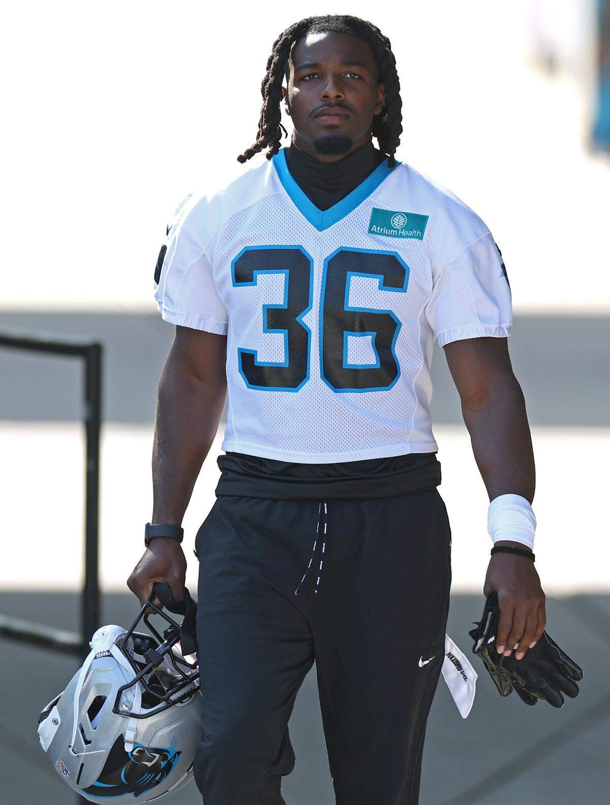 Carolina Panthers safety Demani Richardson walks to the team’s training camp practice on Wednesday, July 23, 2025.