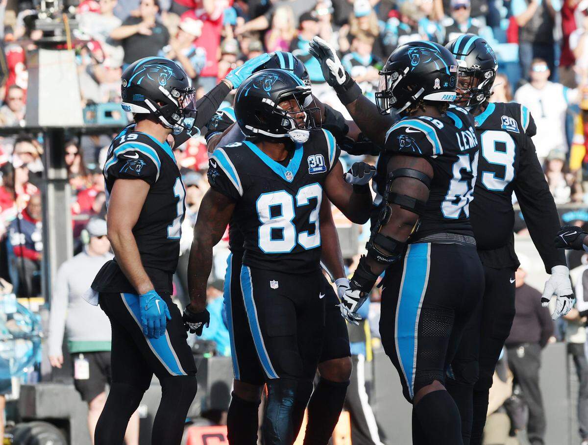 Panthers David Moore (83) celebrates with teammates after scoring a touchdown against the Chiefs.