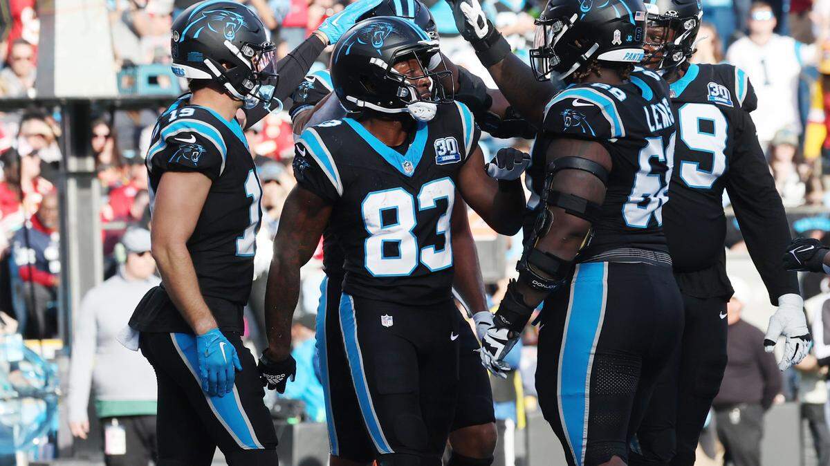 Panthers David Moore (83) celebrates with teammates after scoring a touchdown against the Chiefs.