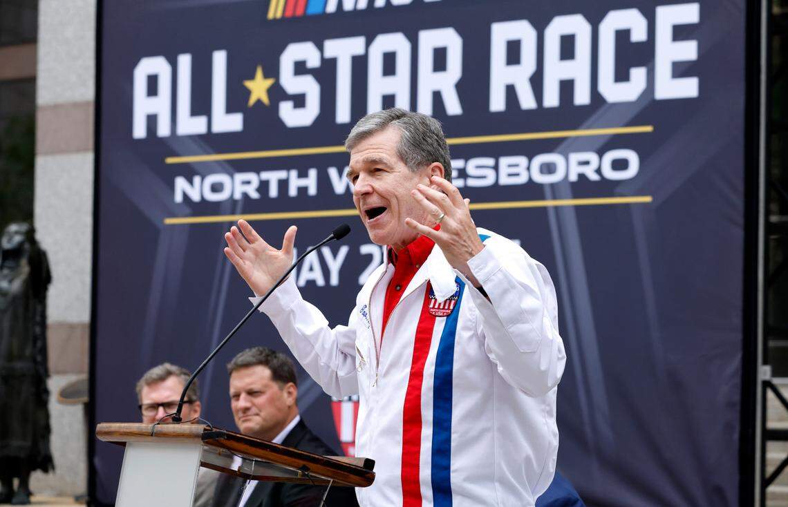 N.C. Governor Roy Cooper speaks during a press conference announcing that the NASCAR All-Star Race will be held at North Wilkesboro Speedway in May 2023. The press conference was held on the steps of the N.C. Museum of History in Raleigh, N.C., Thursday, Sept. 8, 2022.