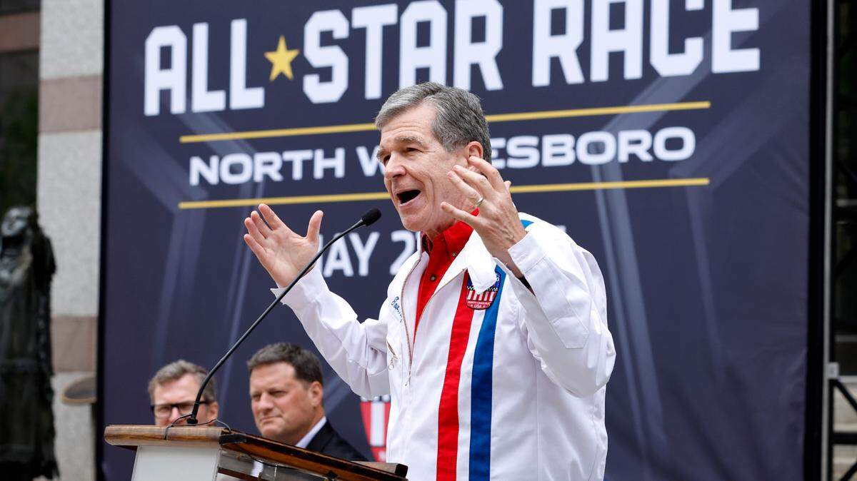N.C. Governor Roy Cooper speaks during a press conference announcing that the NASCAR All-Star Race will be held at North Wilkesboro Speedway in May 2023. The press conference was held on the steps of the N.C. Museum of History in Raleigh, N.C., Thursday, Sept. 8, 2022.