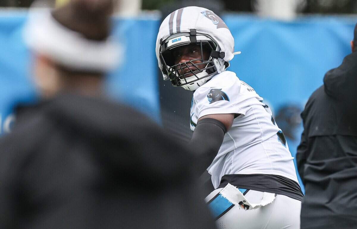 Outside linebacker Nic Scourton takes part in Carolina Panthers Organized Team Activities on Tuesday, June 2, 2026.