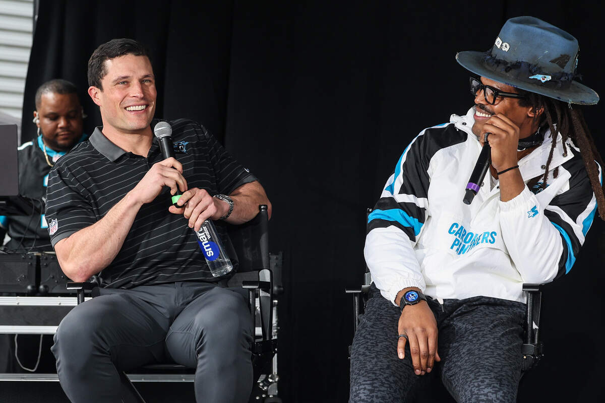 Luke Kuechly (left) joined Cam Newton on Jan. 10, 2026, for a live airing of Newton’s podcast before the Panthers’ home playoff game against the L.A. Rams.