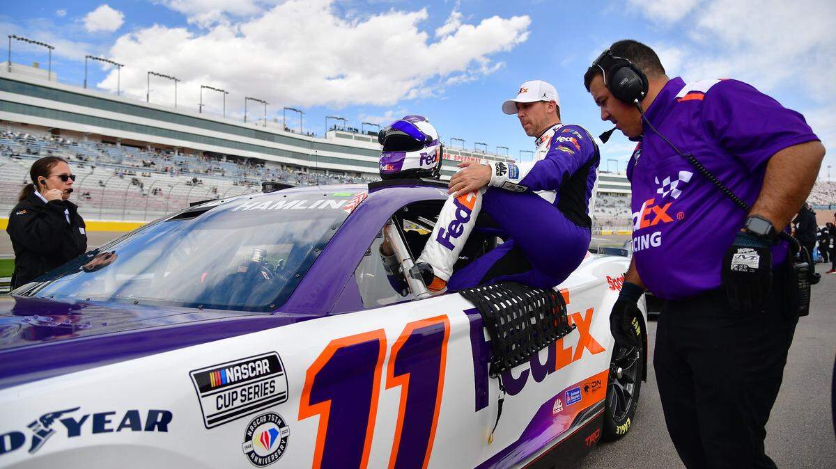 Mar 4, 2023; Las Vegas, Nevada, USA; NASCAR Cup Series driver Denny Hamlin (11) during qualifying at Las Vegas Motor Speedway. Mandatory Credit: Gary A. Vasquez-USA TODAY Sports