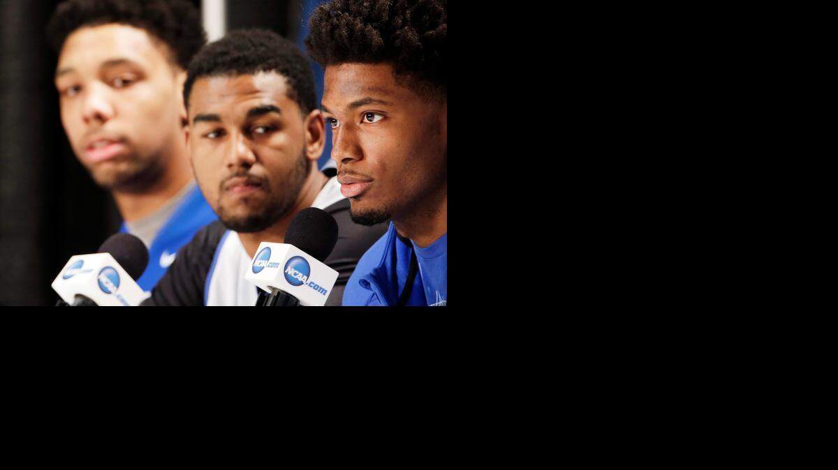 
From right to left, Duke's Justise Winslow, Grayson Allen and Jahlil Okafor answer questions during a news conference for a college basketball regional final at the NCAA Tournament Saturday, March 28, 2015, in Houston. Duke is to play Gonzaga on Sunday. 
