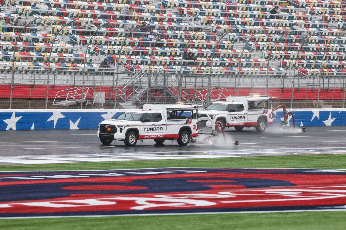 NASCAR Air Titan 2.0 rides down the track trying to dry it for the Coca-Cola 600 on Sunday at Charlotte Motor Speedway.