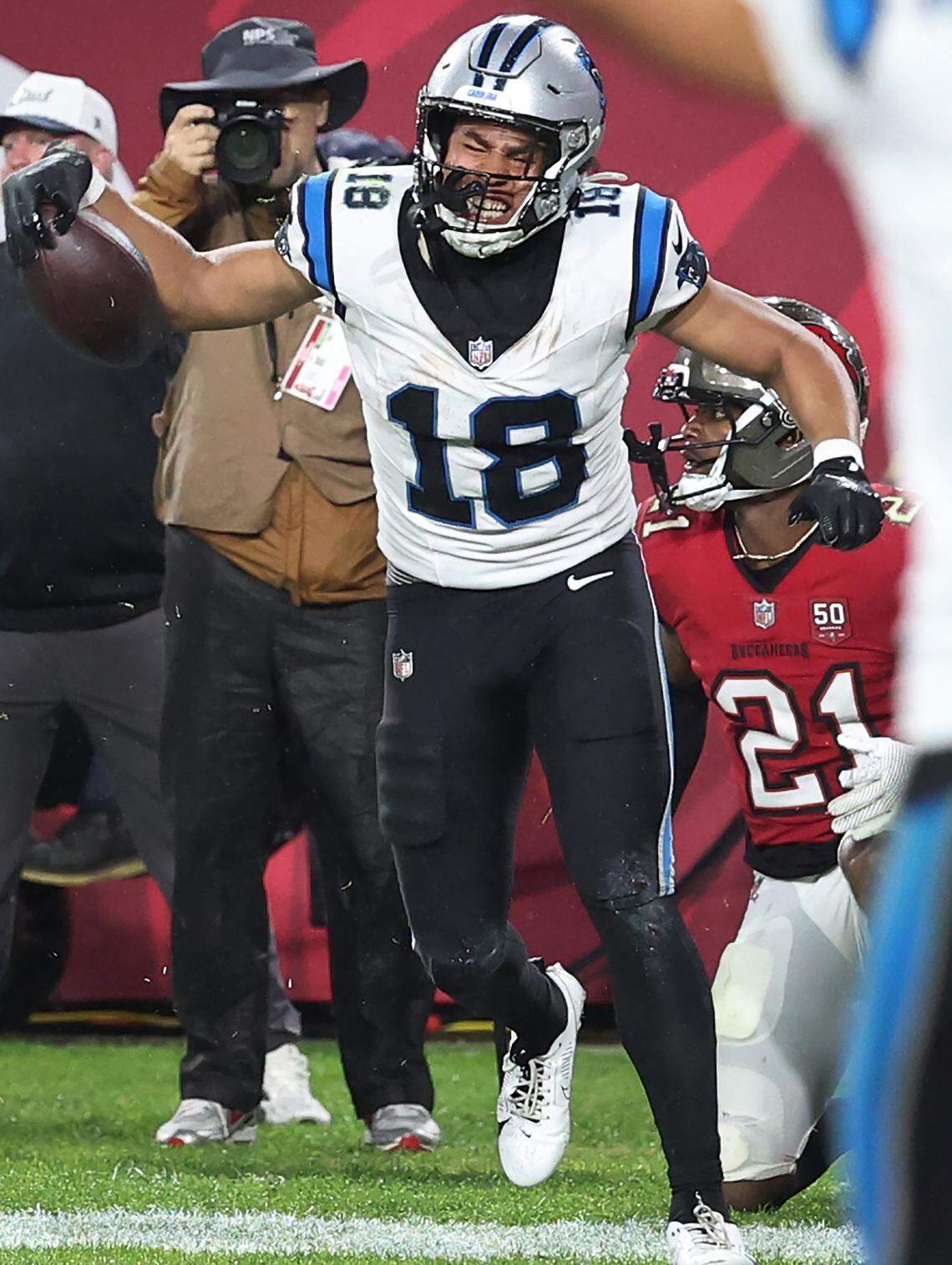 Carolina Panthers wide receiver Jalen Coker celebrates his TD reception from Bryce Young against Tampa Bay on Jan. 3, 2026.