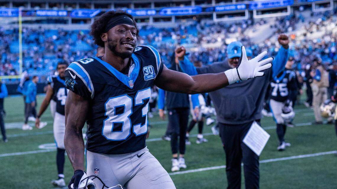 Nov 3, 2024; Charlotte, North Carolina, USA; Carolina Panthers wide receiver David Moore (83) dances after defeating the New Orleans Saints at Bank of America Stadium. Mandatory Credit: Scott Kinser-Imagn Images