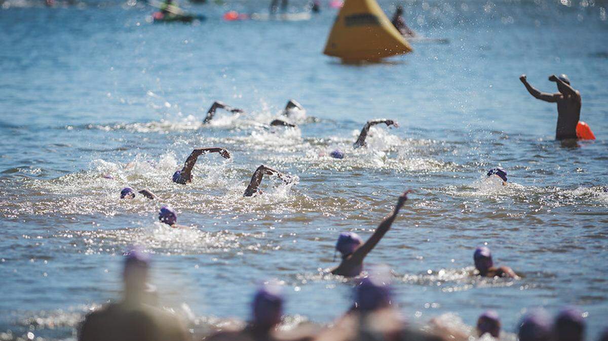 A snapshot of Lake Wylie as Swim Across America participants swim in the annual charity swim in 2023 to support cancer research.