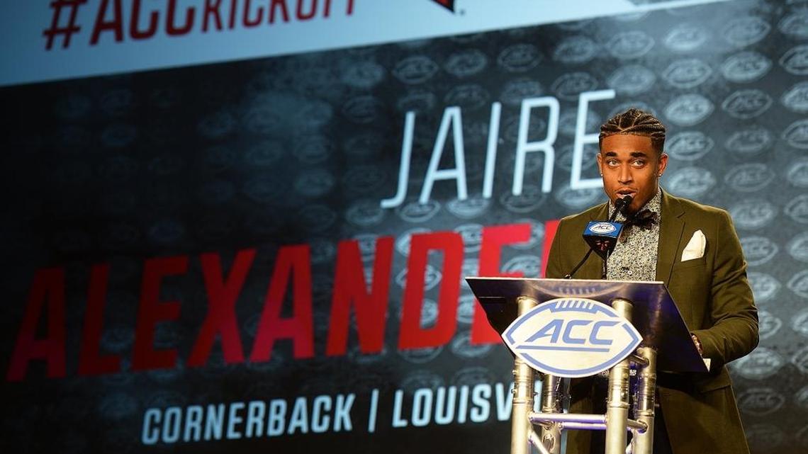 Louisville cornerback Jaire Alexander addresses the media during a news conference at the ACC Football Kickoff earlier this month in Charlotte, his hometown. Alexander played high school football at Rocky River High.