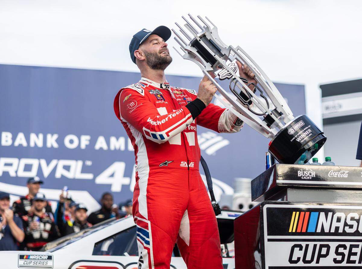 NASCAR Cup Series driver Shane van Gisbergen (88) celebrates winning the Bank of America Roval 400 in Victory Lane on Sunday, Oct. 5, 2025, at Charlotte Motor Speedway.