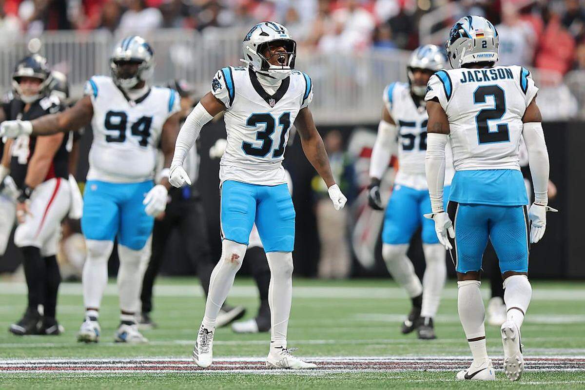 ATLANTA, GEORGIA - NOVEMBER 16: Corey Thornton #31 of the Carolina Panthers reacts during the fourth quarter against the Atlanta Falcons at Mercedes-Benz Stadium on November 16, 2025 in Atlanta, Georgia. (Photo by Jonathan Bachman/Getty Images)