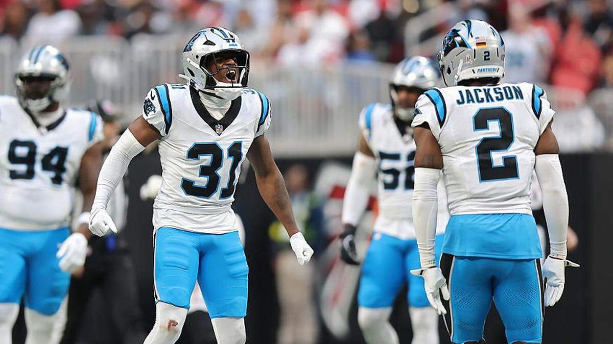 ATLANTA, GEORGIA - NOVEMBER 16: Corey Thornton #31 of the Carolina Panthers reacts during the fourth quarter against the Atlanta Falcons at Mercedes-Benz Stadium on November 16, 2025 in Atlanta, Georgia. (Photo by Jonathan Bachman/Getty Images)