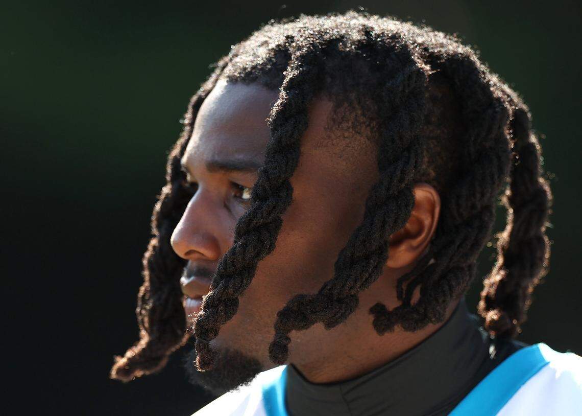 Carolina Panthers safety Demani Richardson walks to the team’s training camp practice on Wednesday, July 23, 2025.