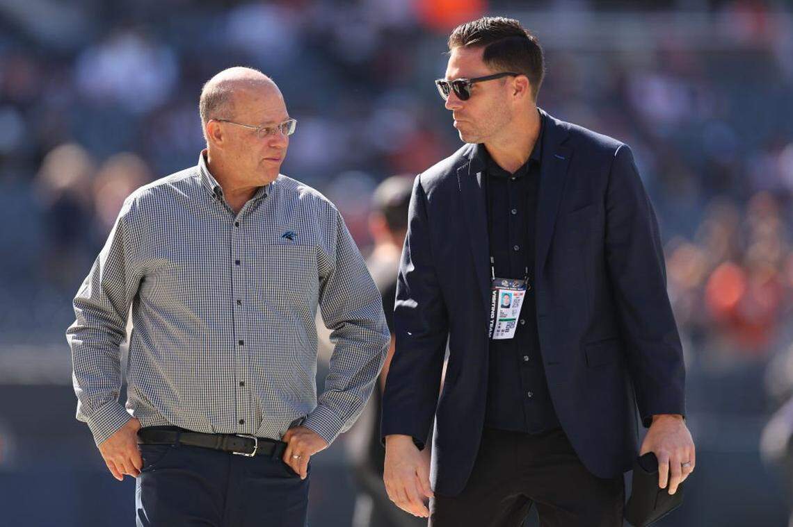 CHICAGO, ILLINOIS - OCTOBER 06: Owner David Tepper and general manager Dan Morgan of the Carolina Panthers look on prior to the game against the Chicago Bears at Soldier Field on October 06, 2024 in Chicago, Illinois. (Photo by Michael Reaves/Getty Images)