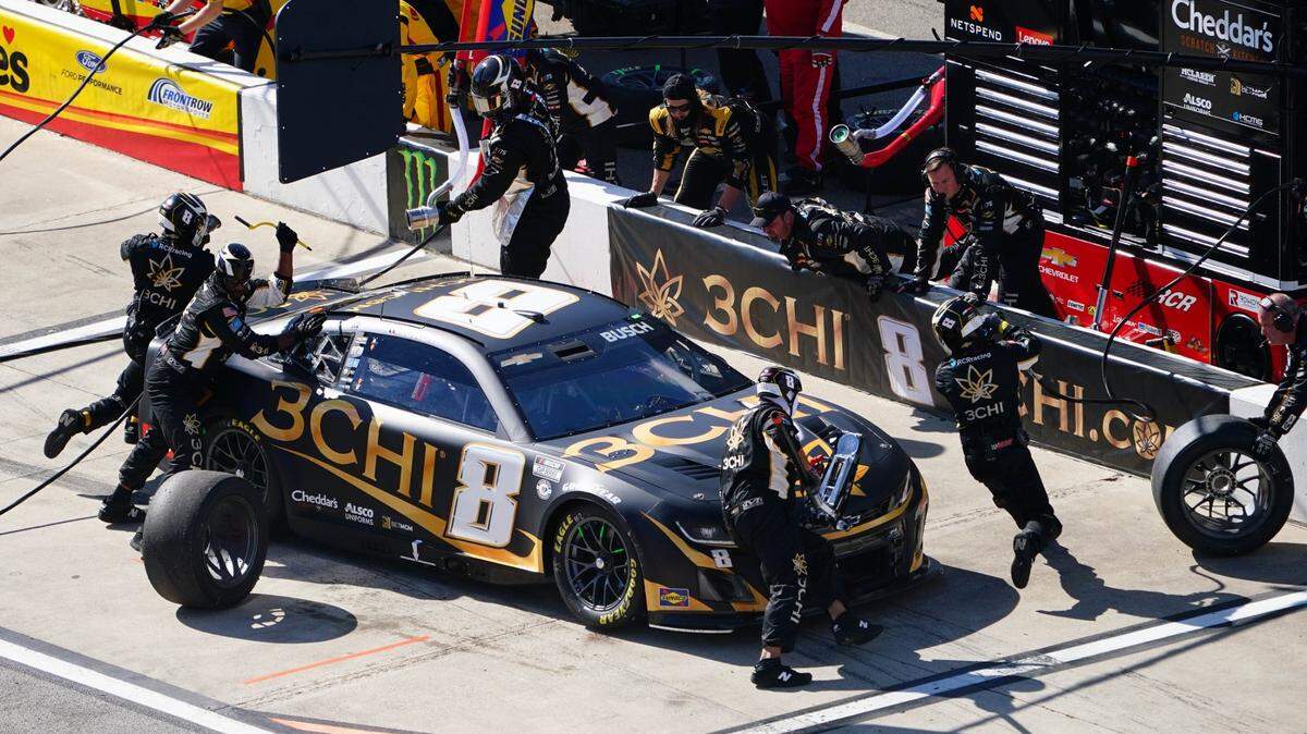 Apr 2, 2023; Richmond, Virginia, USA; Kyle Busch (8) pits during the Toyota Owners 400 at Richmond Raceway. Mandatory Credit: John David Mercer-USA TODAY Sports