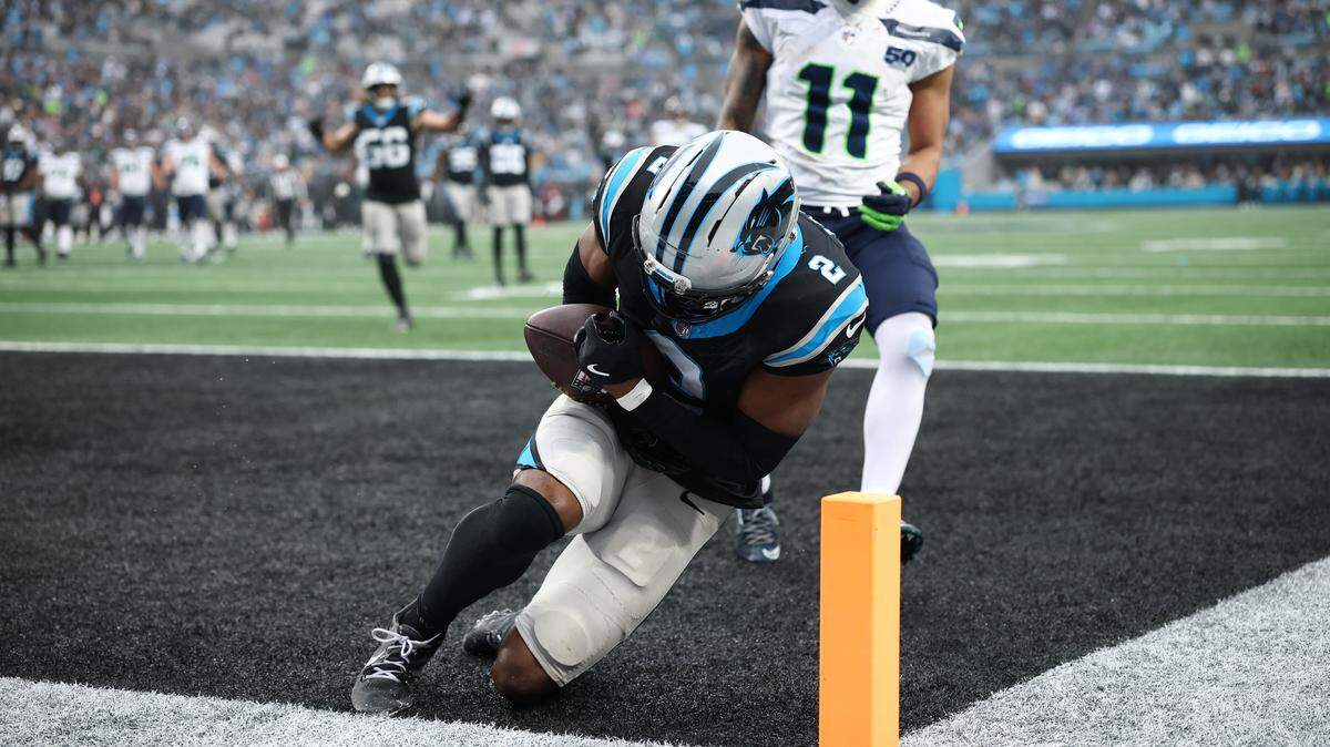 Carolina Panthers cornerback Mike Jackson intercepts a pass during the third quarter of Sunday’s game against the Seattle Seahawks at Bank of America Stadium.