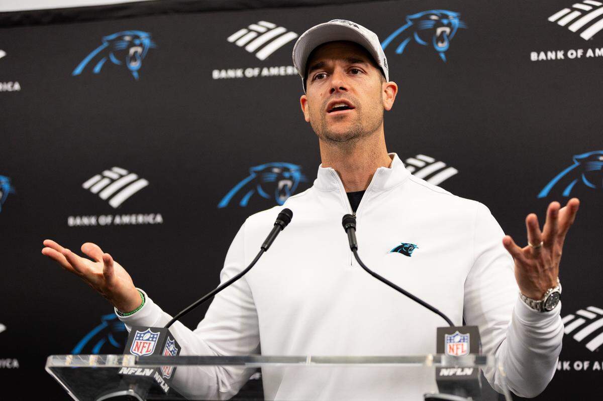 Head coach of the Carolina Panthers Dave Canales speaks during a press conference at Bank of America Stadium on Monday, January 6, 2025.