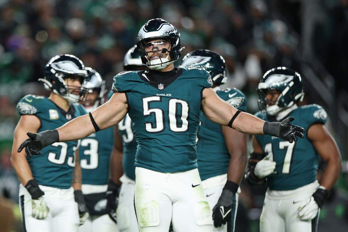 Philadelphia Eagles linebacker Jaelan Phillips reacts to a defensive stop in 2025. The Panthers signed Phillips to a massive free-agent deal earlier this year.