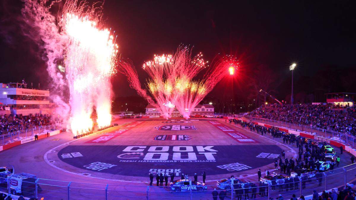 Fireworks light up the sky prior to the running of the Cookout Clash at Bowman Gray Stadium in Winston-Salem, NC on Wednesday, February 4, 2026. NASCAR Cup Series driver Ryan Preece would win the race.