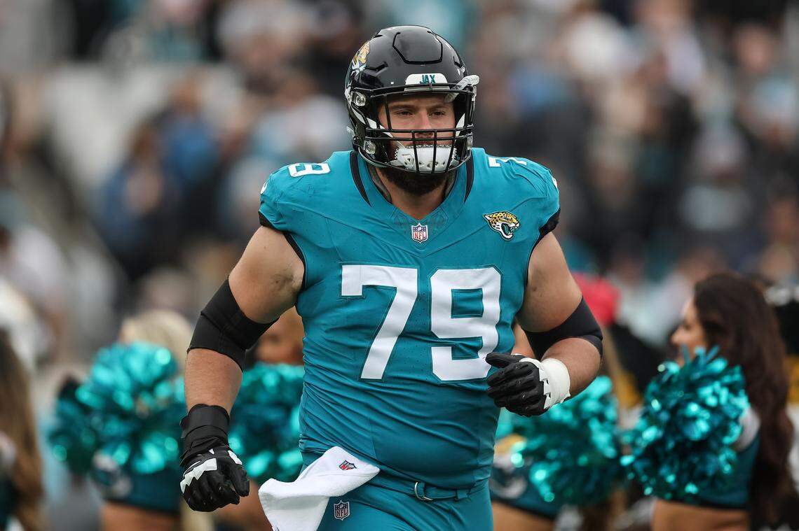 Center Luke Fortner, shown here as a member of the Jacksonville Jaguars in 2023.