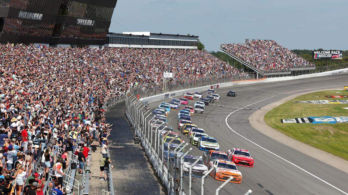 The field in the North Carolina Education Lottery 250 passes the front stretch to start the race at Rockingham Speedway on Saturday, April 19, 2025.