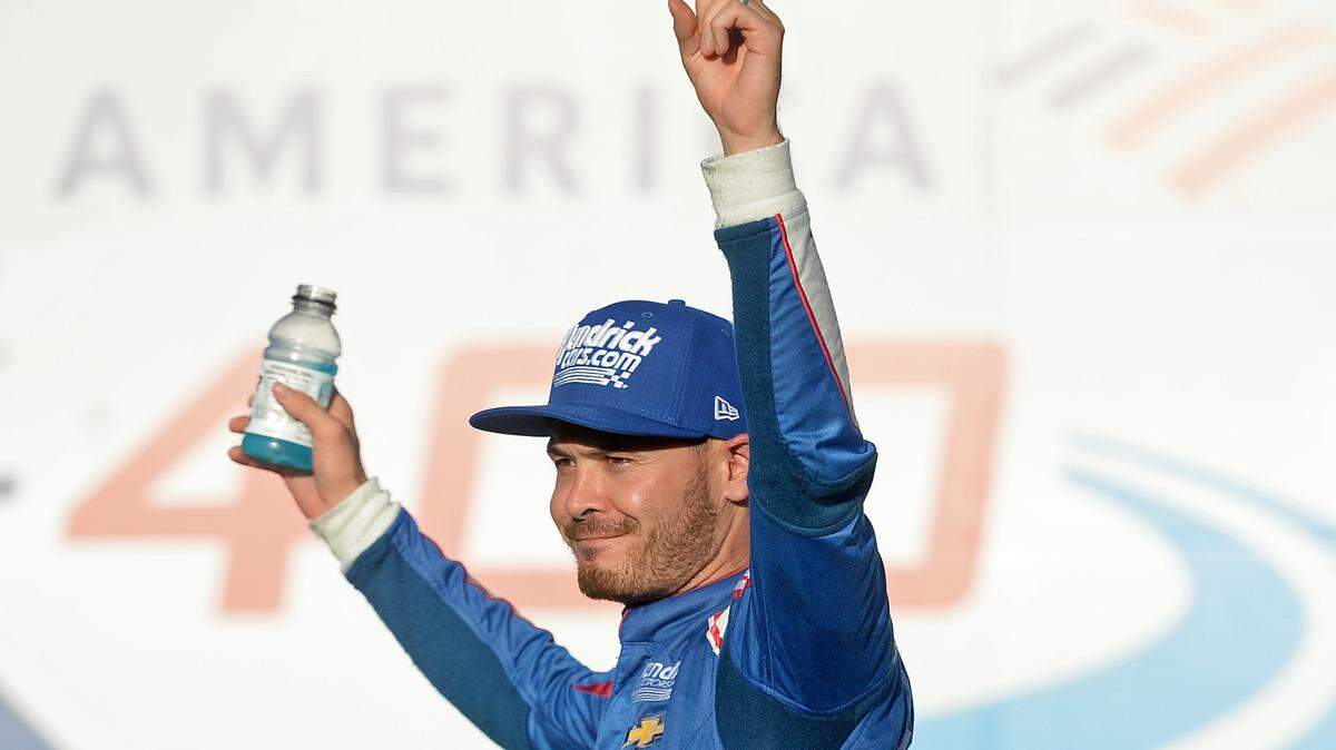NASCAR driver Kyle Larson celebrates winning the Bank of America Roval 400 at Charlotte Motor Speedway in Concord, NC on Sunday, October 10, 2021.