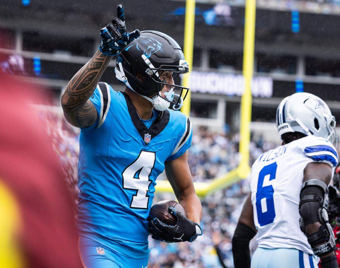 Carolina Panthers wide receiver Tetairoa McMillan celebrates a touchdown against the Dallas Cowboys at the Bank of America Stadium in Charlotte, N.C., on Sunday, October 12, 2025.