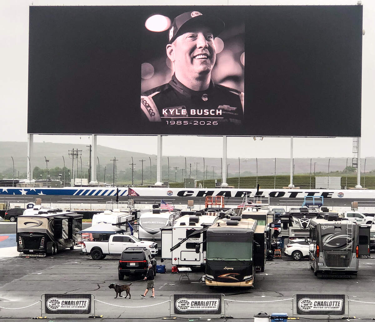 A photo of NASCAR driver Kyle Busch is displayed on the Jumbotron at Charlotte Motor Speedway in Concord, NC on Friday, May 22, 2026. Busch passed away unexpectedly from an illness on Thursday, May 21, 2026.