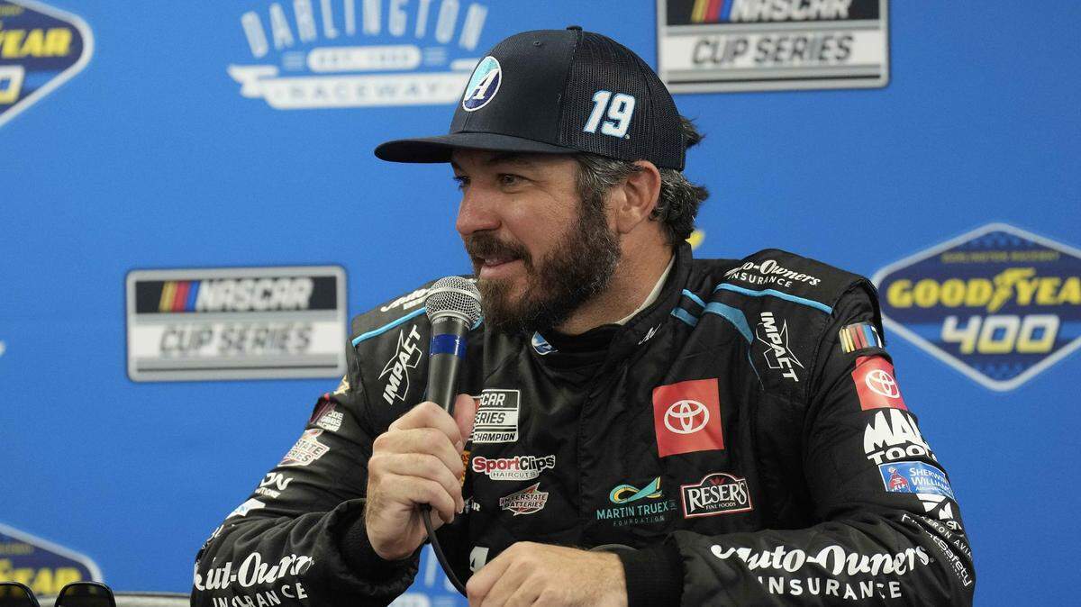 Martin Truex Jr. talks in the media center after qualifying on the pole at Darlington Raceway in South Carolina. (David Yeazell-USA TODAY Sports)