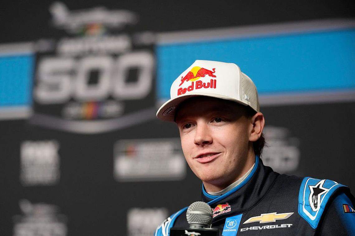 DAYTONA BEACH, FLORIDA - FEBRUARY 11: Connor Zilisch, driver of the #88 Red Bull Chevrolet, speaks to the media during Media Day for the NASCAR Cup Series Daytona 500 at Daytona International Speedway on February 11, 2026 in Daytona Beach, Florida. (Photo by Patrick McDermott/Getty Images)
