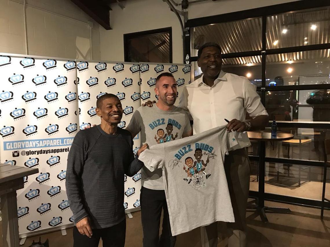 Larry Johnson, right, joined former Charlotte Hornets teammate Muggsy Bogues, left, for a charity event in Charlotte on Wednesday.