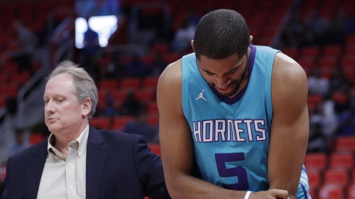 Charlotte Hornets guard Nicolas Batum (5) tore a ligament in his left elbow Oct. 4. He fully practiced Sunday, and might be cleared to play Wednesday versus the Cleveland Cavaliers.