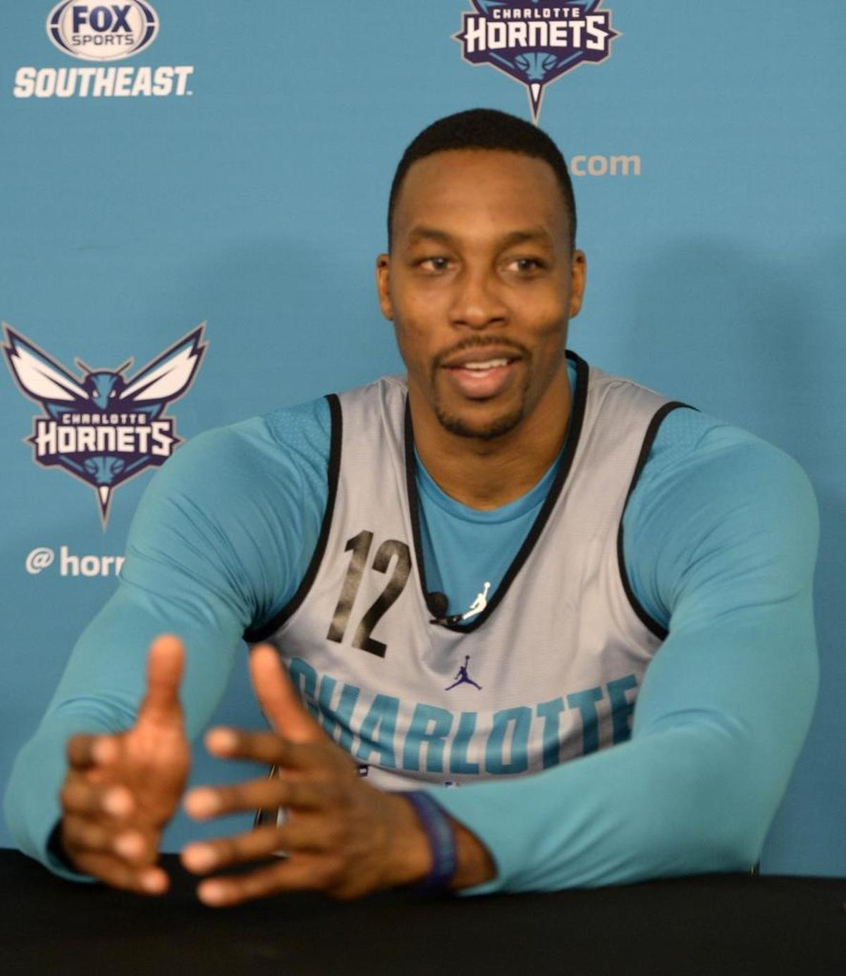 Charlotte Hornets center Dwight Howard answers questions during an interview at Spectrum Center on Monday.