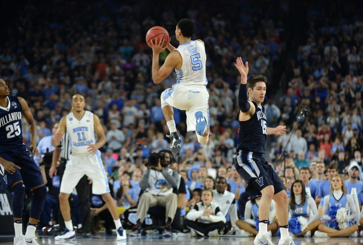 Against Villanova in his final game as a North Carolina Tar Heel, guard Marcus Paige tied the score at 74 on this 3-pointer before the Wildcats sank a 3-pointer at the buzzer to win 77-74 in the NCAA men’s basketball championship in Houston.
