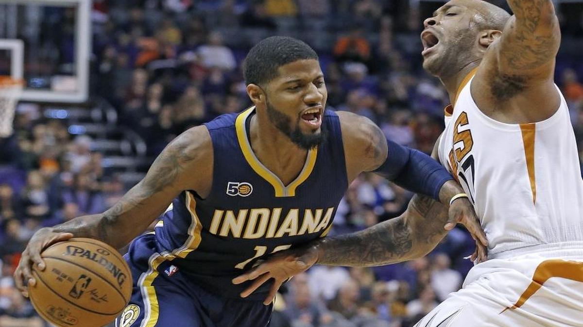 Indiana Pacers forward Paul George, left, is coming off a 37-point game versus the Portland Trail Blazers Saturday.
