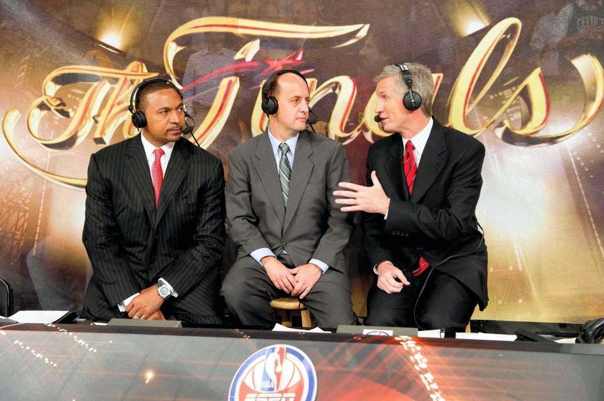 ABC/ESPN commentator Jeff Van Gundy, center, flanked by colleagues Mark Jackson (left) and Mike Breen, will call Wednesday’s Charlotte Hornets-Boston Celtics preseason exhibition nationally Wednesday night in Charlotte.
