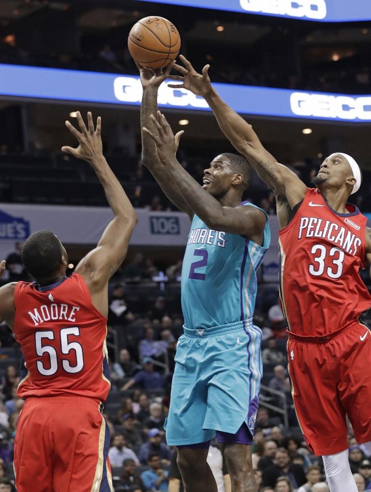 Charlotte Hornets forward Marvin Williams (2) only made one 3-pointer against New Orleans, but that gave him 800 made 3-pointers for his career.