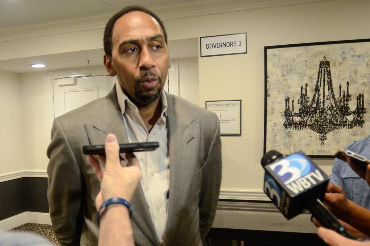 ESPN’s Stephen A. Smith, the featured speaker at the Charlotte Touchdown Club’s luncheon on Wednesday, took questions from local media before the event at the Sheraton Charlotte Hotel.