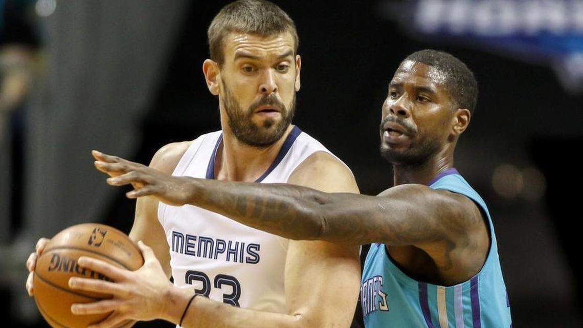 Memphis Grizzlies center Marc Gasol (left) was one of the Charlotte Hornets’ trade targets, but he instead ended up with the Toronto Raptors.
