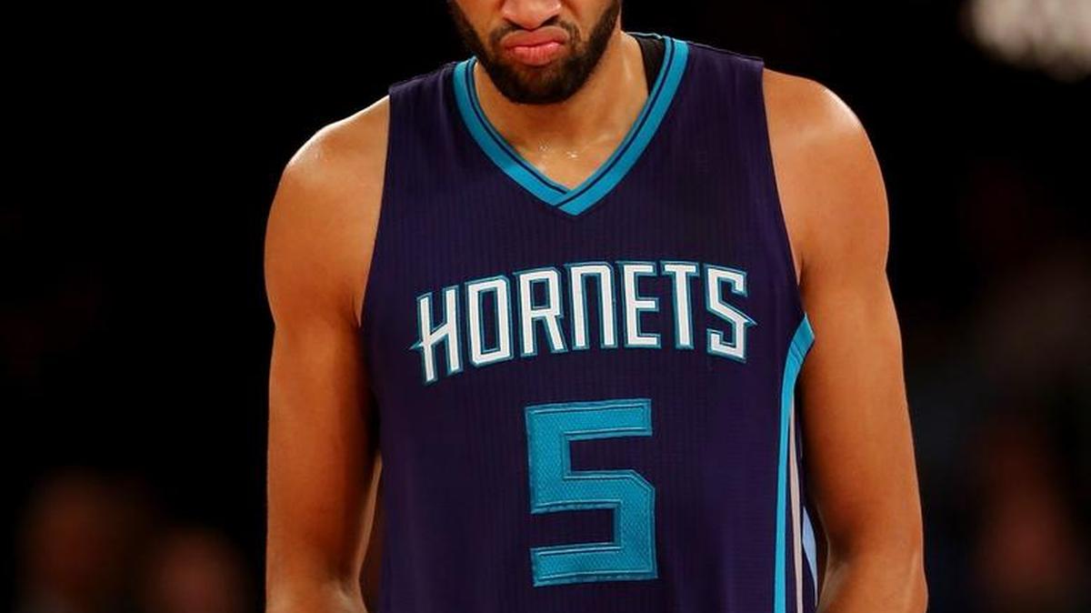 NEW YORK, NY - NOVEMBER 17: Nicolas Batum #5 of the Charlotte Hornets reacts to the loss to the New York Knicks at Madison Square Garden on November 17, 2015 in New York City.NOTE TO USER: User expressly acknowledges and agrees that, by downloading and/or using this photograph, user is consenting to the terms and conditions of the Getty Images License Agreement. (Photo by Elsa/Getty Images)