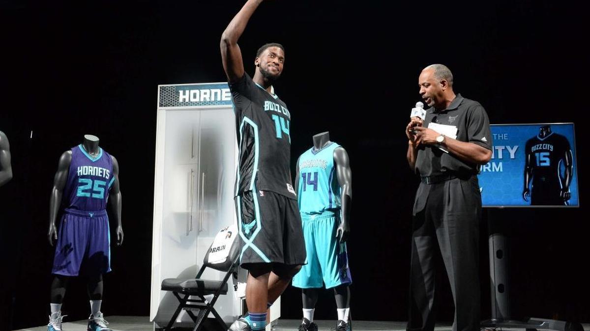 Michael Kidd-Gilchrist modeled the Charlotte Hornets’ black “Buzz City” uniforms at the draft last June.