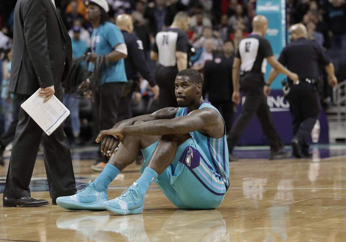 Charlotte Hornets forward Marvin Williams shows his disappointment after the team’s loss to the Brooklyn Nets on Saturday at Spectrum Center.