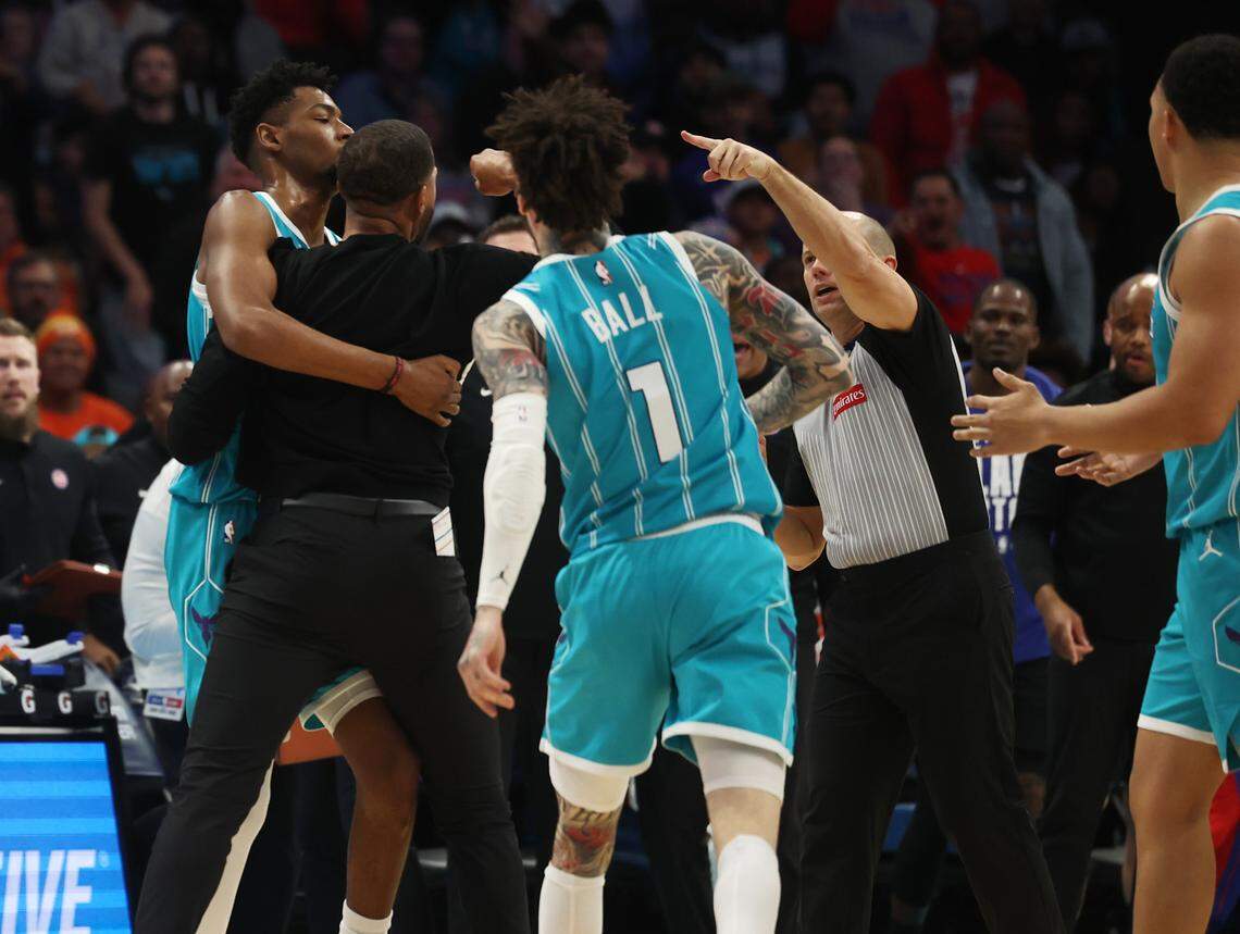 Charlotte Hornets coach Charles Lee is ejected from the game against the Detroit Pistons on Monday, Feb. 9, 2026 at Spectrum Center in Charlotte.