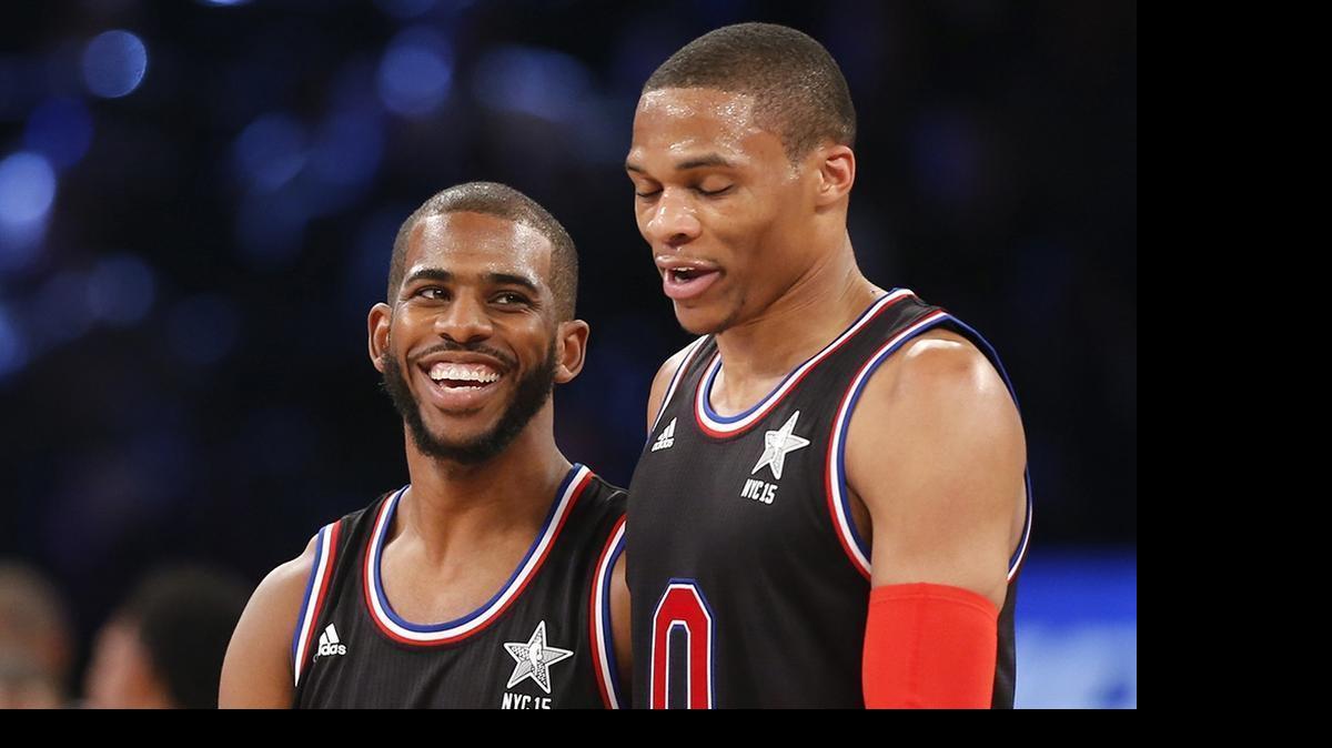 
West Team’s Chris Paul, left, of the Los Angeles Clippers, talks to Russell Westbrook, of the Oklahoma City Thunder, during the first half of the NBA All-Star basketball game, Sunday, Feb. 15, 2015, in New York.
