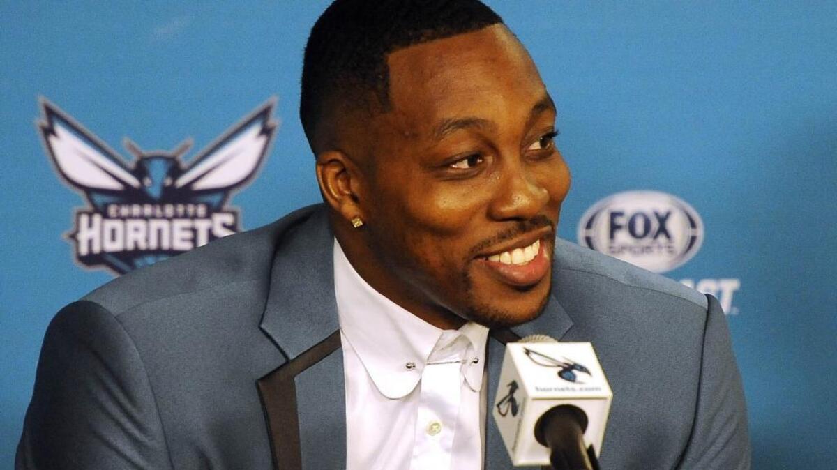 The Charlotte Hornets' newest center Dwight Howard talks to the media during a news conference at the Spectrum Center on Monday, June 26, 2017.