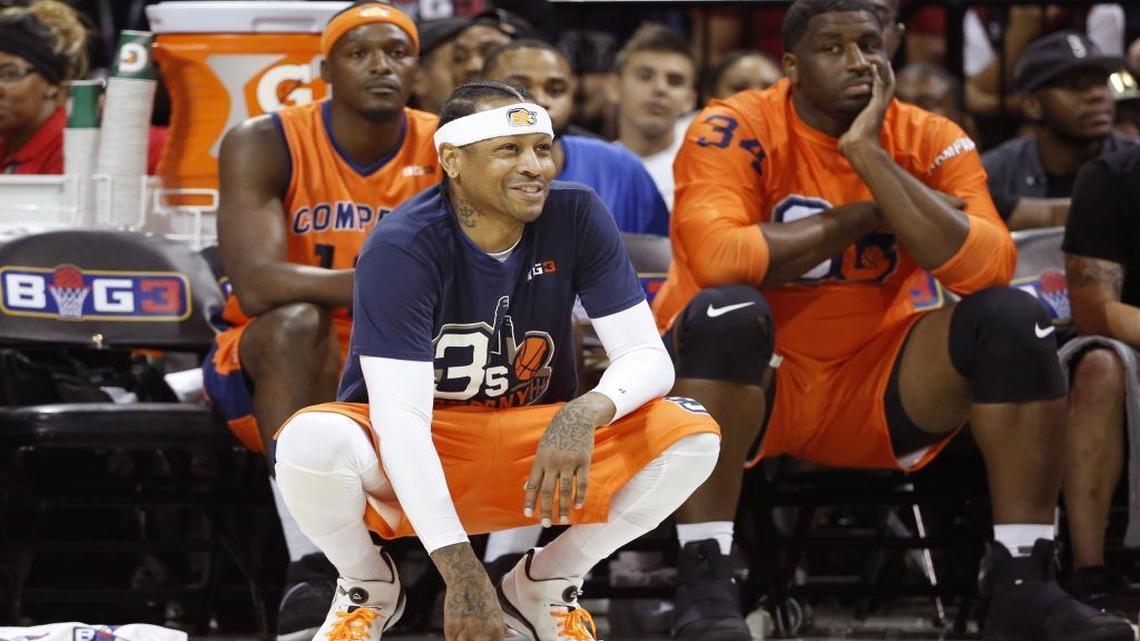 3's Company player/captain and coach Allen Iverson, center, is shown last weekend in Brooklyn, N.Y., where the BIG3 Basketball League made its debut. Iverson and his team will play Sunday in Charlotte.