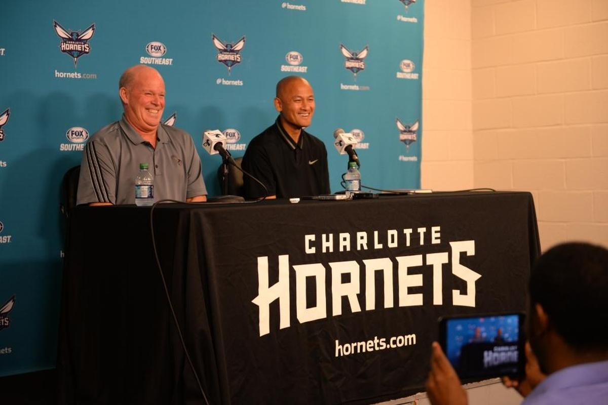 During Wednesday morning’s news conference at the Spectrum Center, Charlotte Hornets coach Steve Clifford, left, and general manager Rich Cho discuss Tuesday night’s trade with the Atlanta Hawks. The Hornets acquired eight-time All-Star center Dwight Howard and the 31st overall pick in Thursday’s NBA draft.