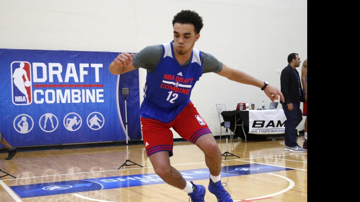 
Duke's Tyus Jones participates in agility drills at the NBA Combine Thursday in Chicago.
