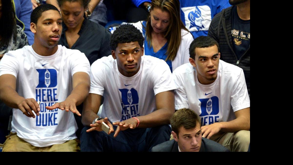 
They were Duke recruits here in 2013 at an exhibition game. Now, (from left) Jahlil Okafor and Justise Winslow should be lottery picks in the NBA draft and Tyus Jones is expected to be a first-rounder.
